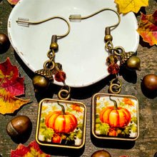 Load image into Gallery viewer, Harvest Pumpkin Earrings – Antique Bronze Fall Dangle Earrings with Acorn Charm
