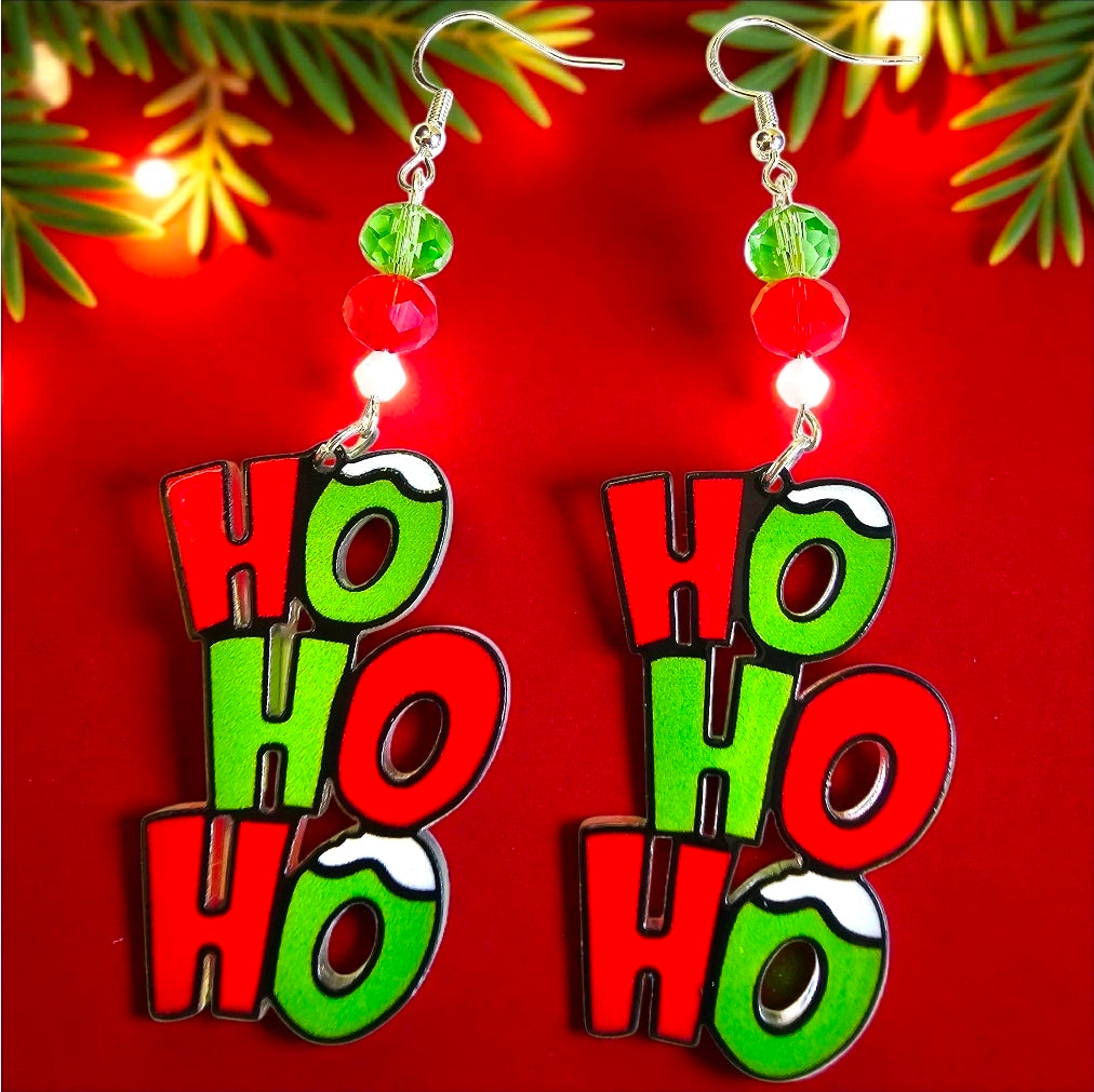 HO HO HO Christmas Earrings – Red and Green Festive Holiday Jewelry