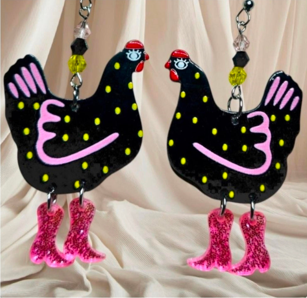 Black Chicken Earrings with Pink Boots – Funny Acrylic Farm Dangles