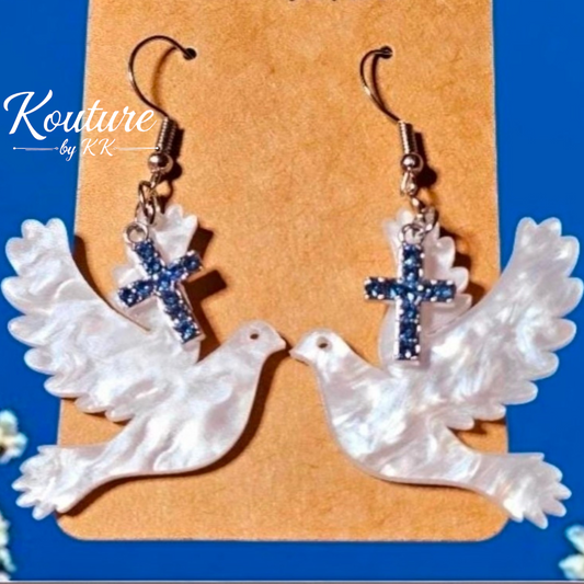 Handmade Dove with Blue Cross Earrings - Faith Jewelry for Women, Lightweight Christian Gift, Religious Dangle Earrings