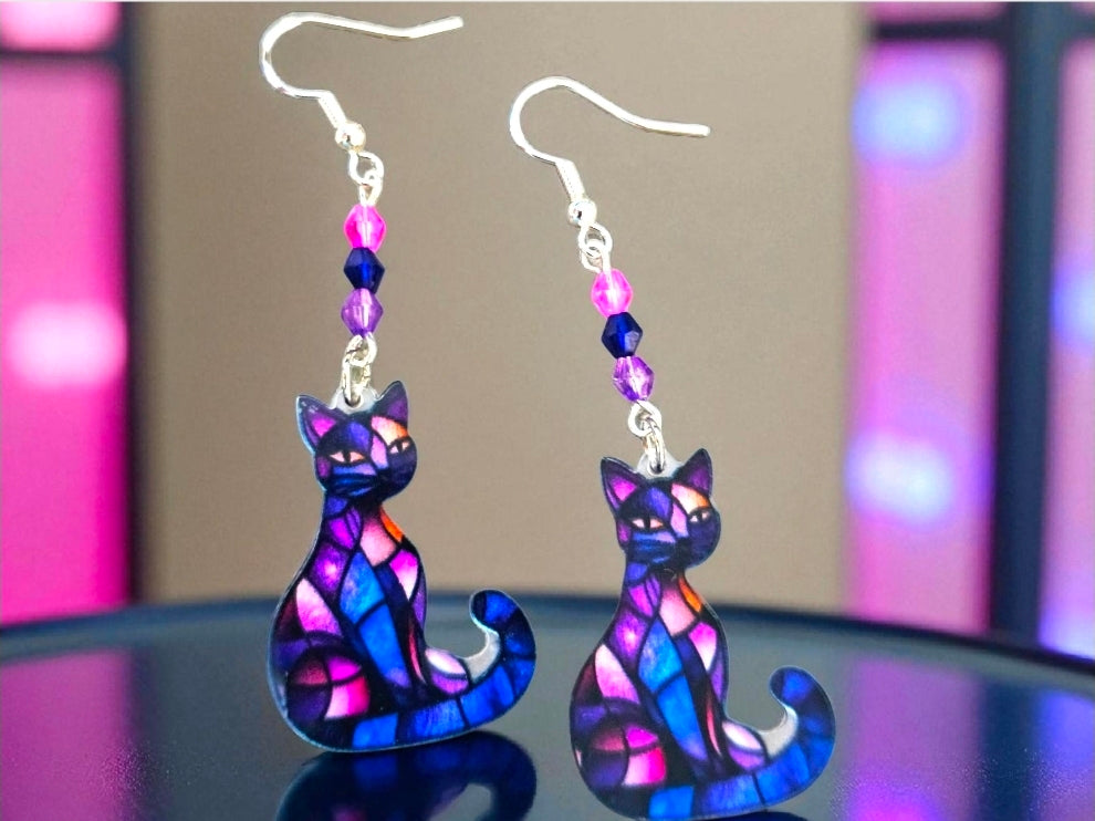 Stained Glass Cat Earrings – Purple Pink Acrylic with Crystal Beads – Sterling Silver Hooks
