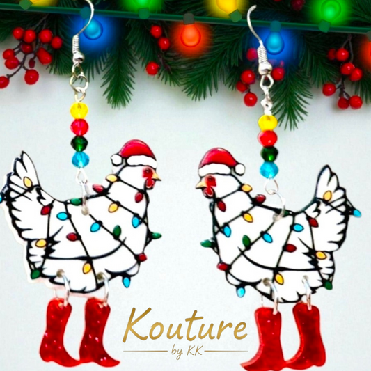 Christmas Chicken Earrings with Glitter Dangle Boots – Festive Farmhouse Holiday Jewelry