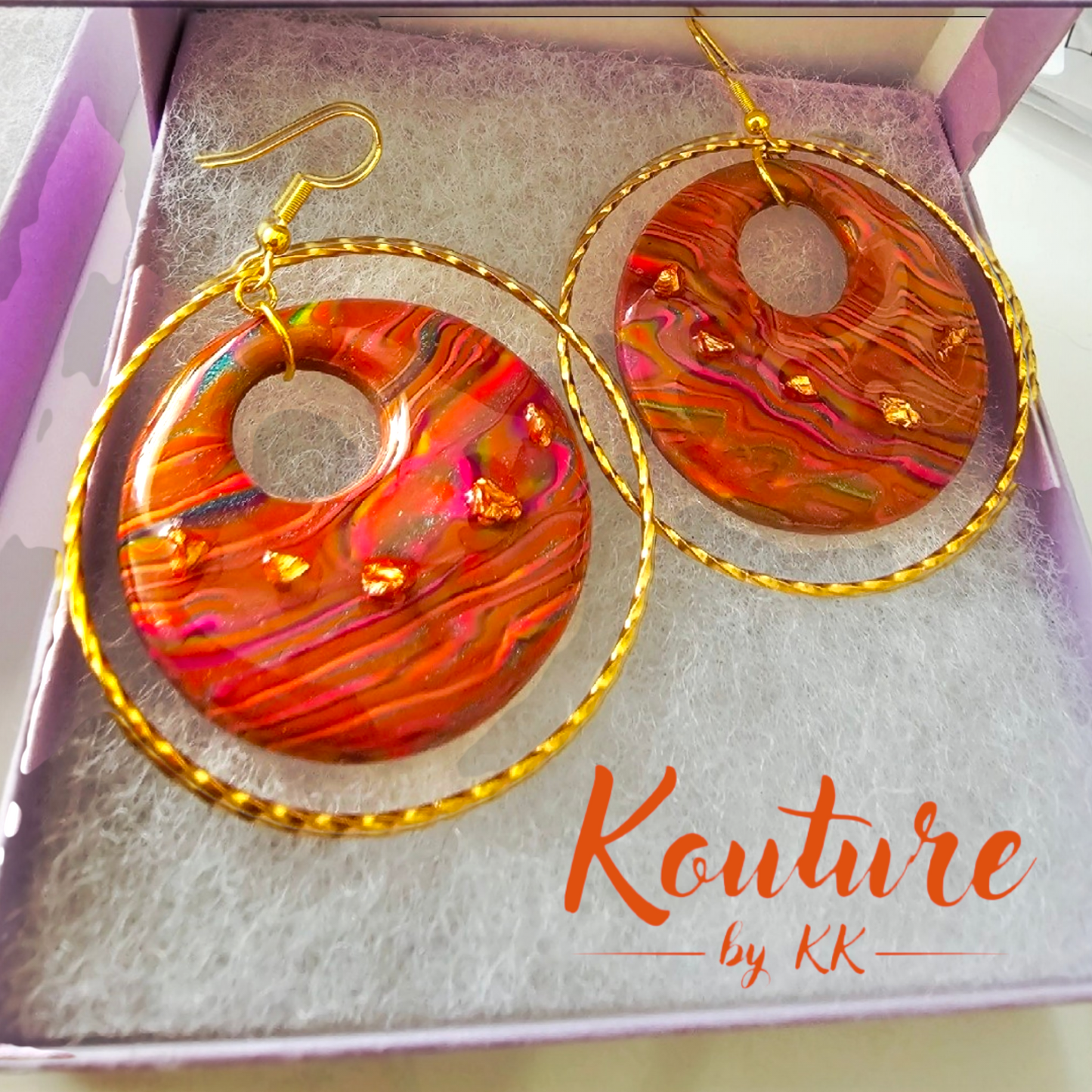 Sunset Swirl Double Hoop Earrings – Gold Leaf & Tumbled Glass | Handmade Polymer Clay