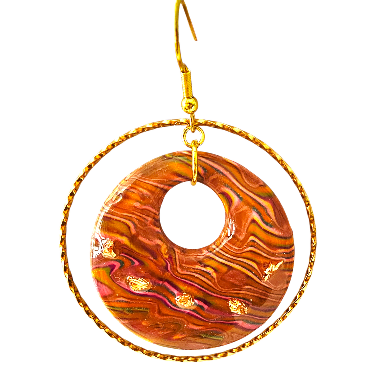 Sunset Swirl Double Hoop Earrings – Gold Leaf & Tumbled Glass | Handmade Polymer Clay