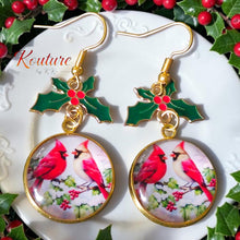 Load image into Gallery viewer, Christmas Cardinal Holly Dangle Earrings – Glass Dome &amp; Enamel Holly Charm | Kouture by KK
