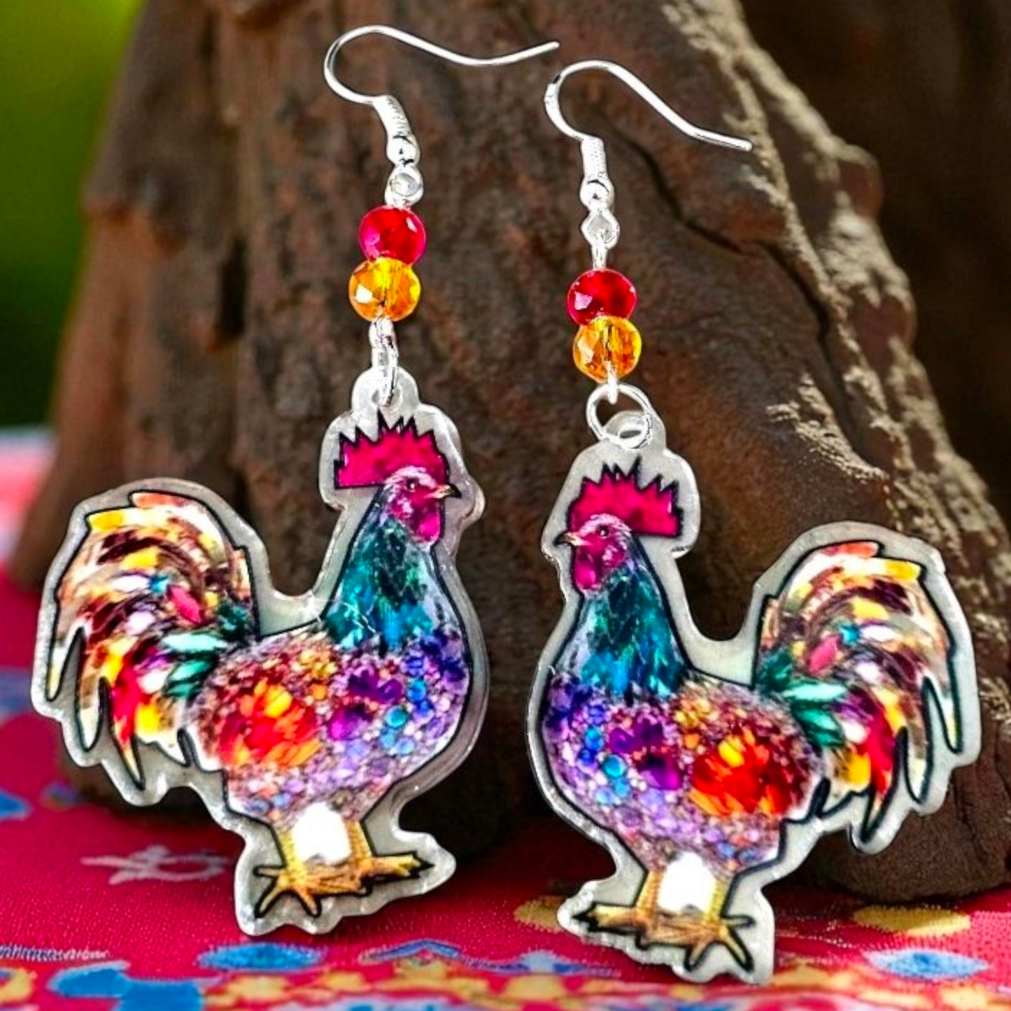 Colorful Rooster Earrings with Crystal Beads – Western Cowgirl Farmhouse Jewelry