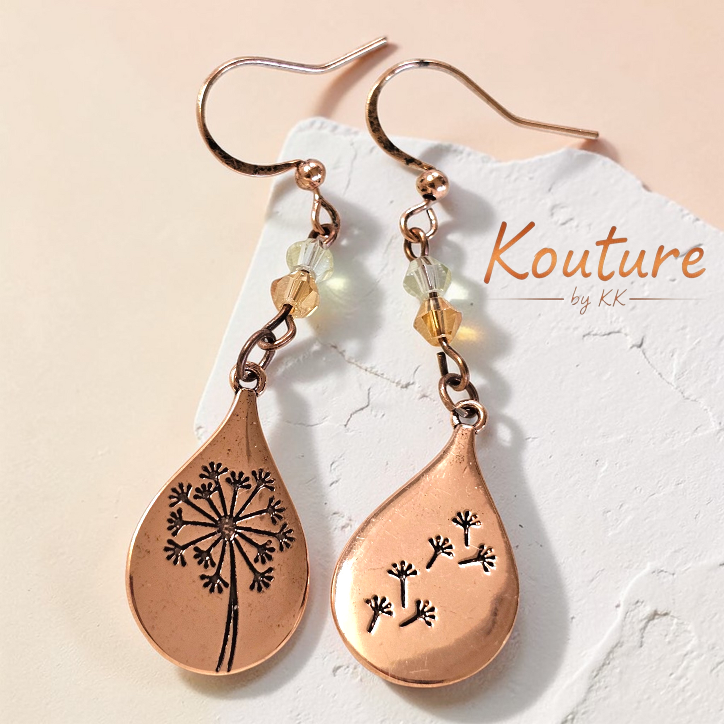 Copper Dandelion Teardrop Earrings