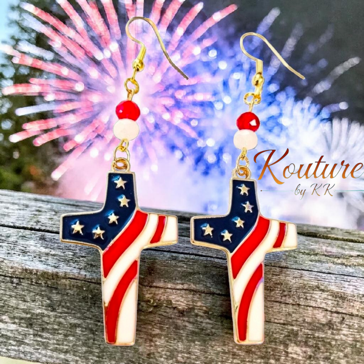 American Flag Cross Earrings – Patriotic USA Enamel Dangles with Crystal Beads & 18K Gold Hooks