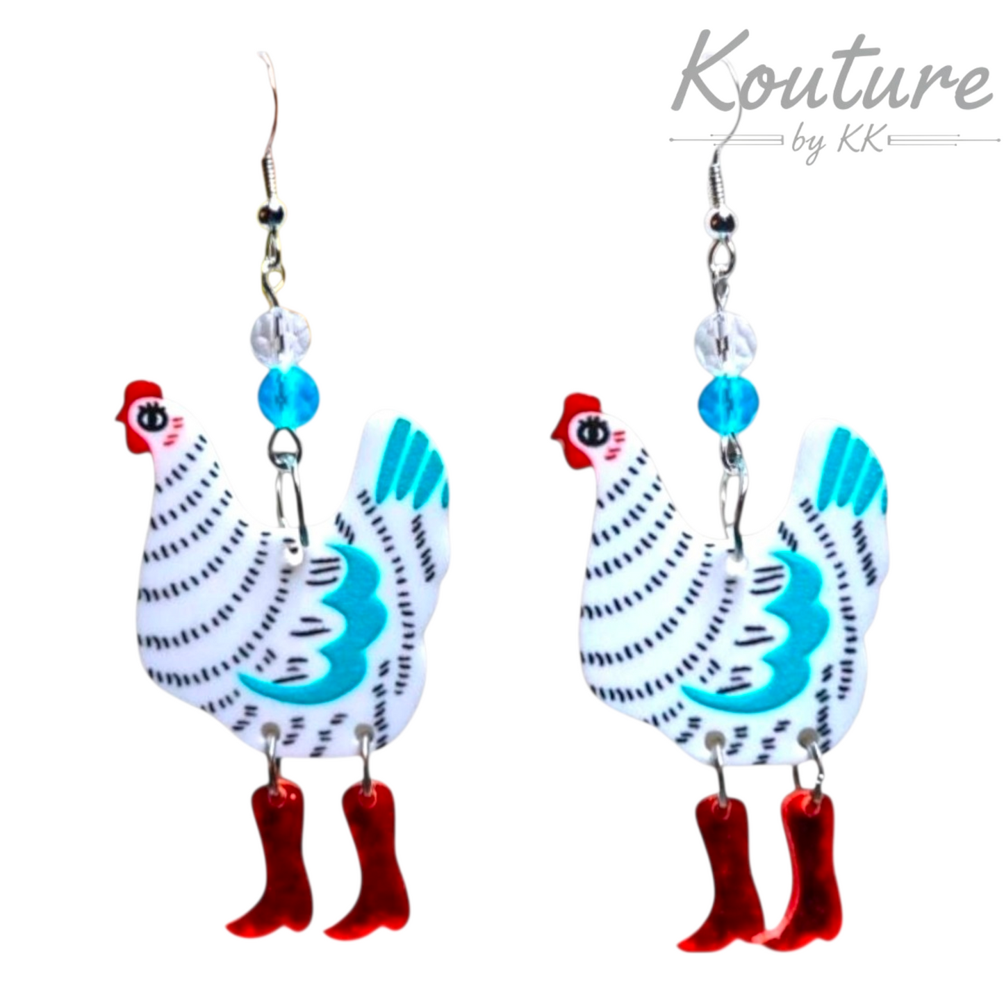 White Chicken Earrings with Blue Accents and Red Boots – Acrylic Farm Dangles