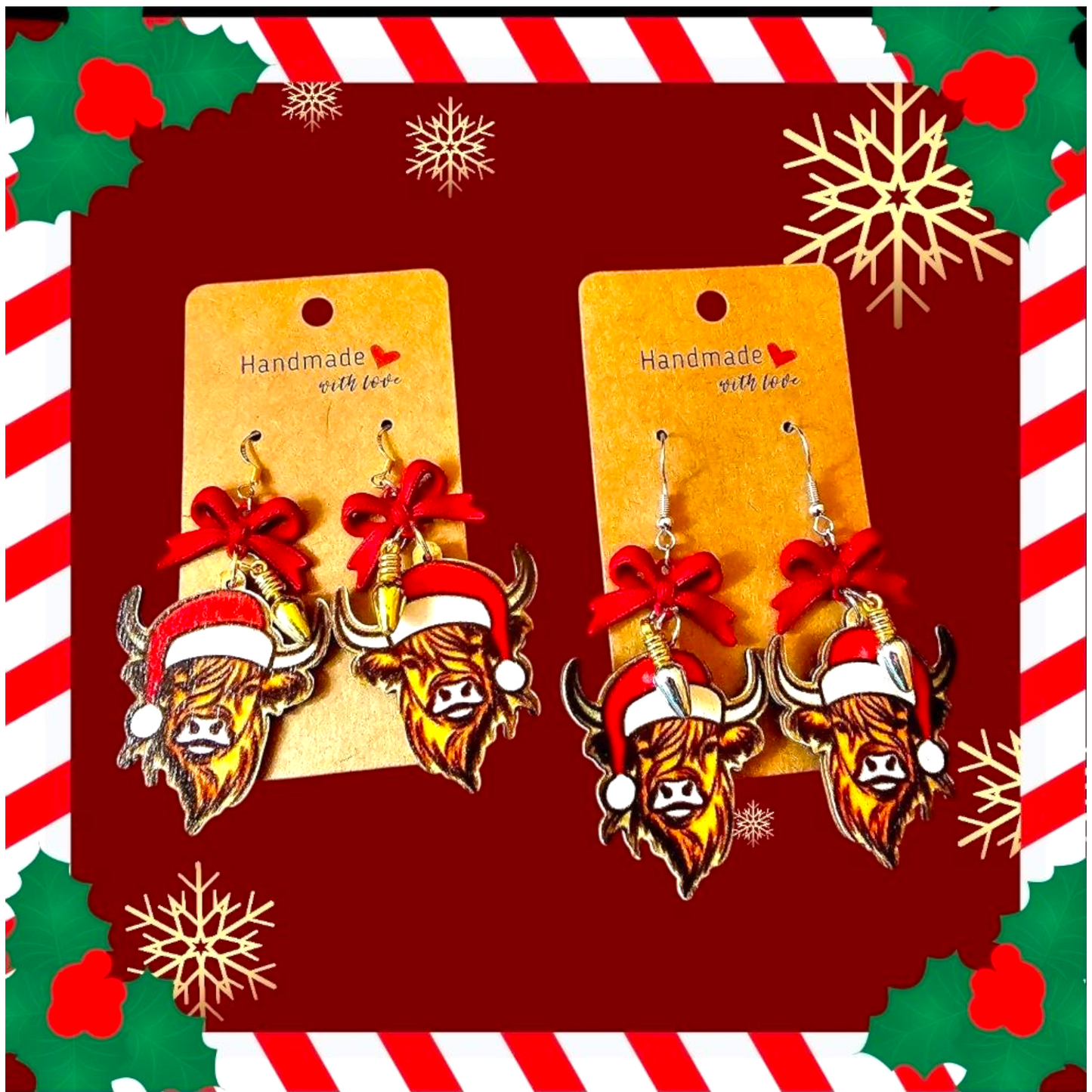Highland Cow Christmas Earrings – Festive Acrylic & Resin Dangles with Red Metal Bow