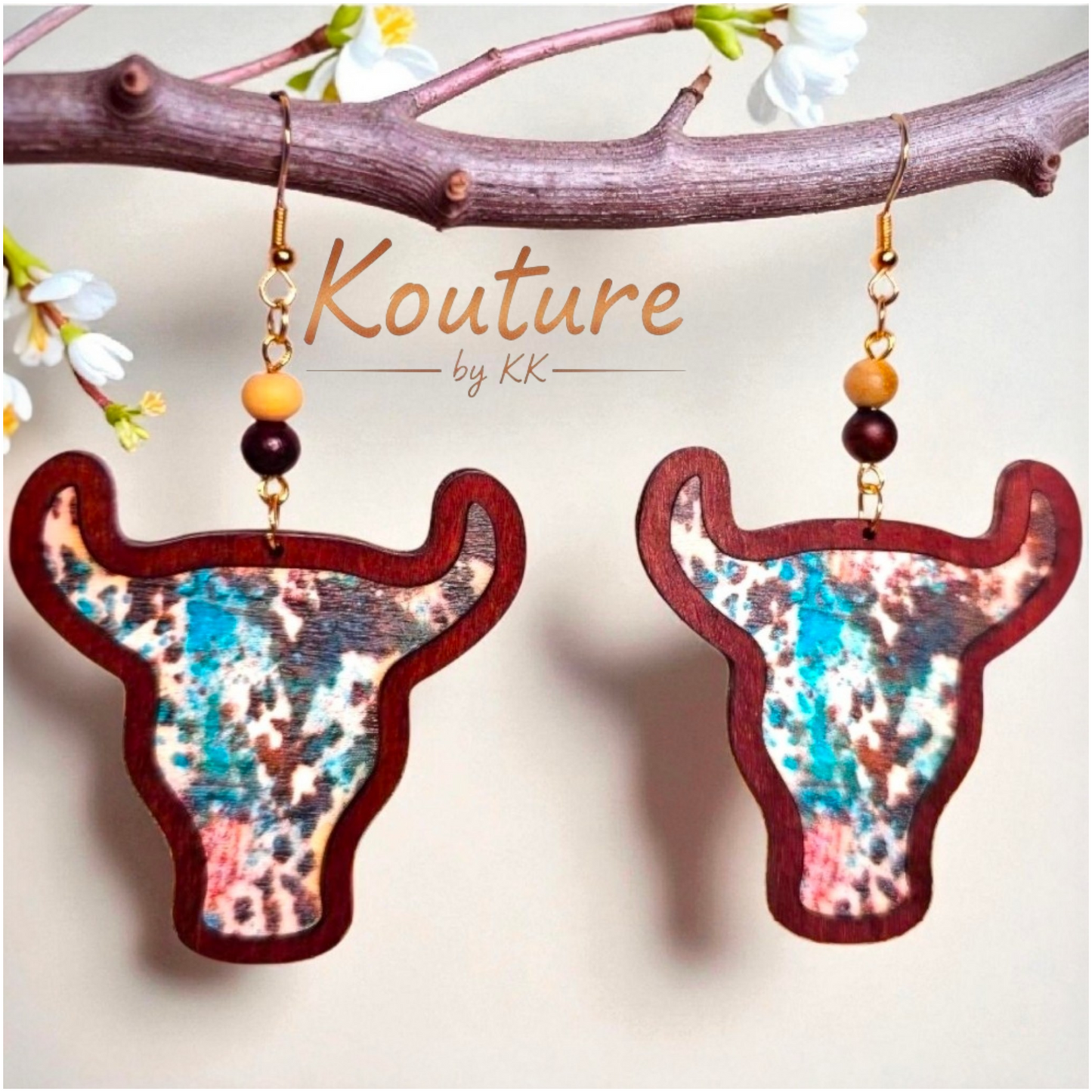 Wood Cow Skull Earrings – Western Cowgirl Boho Jewelry with Beaded Detail