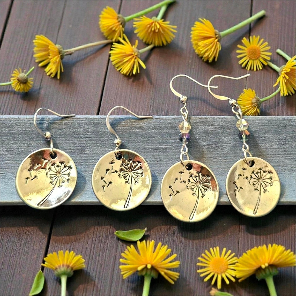 Silver Round Dandelion Earrings - Hand-Stamped Flower Jewelry, Bohemian Metal Teardrop Earrings
