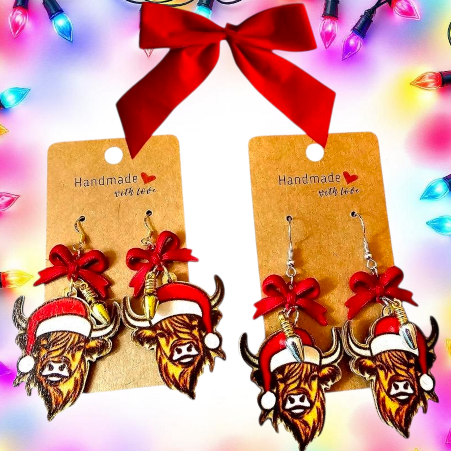 Highland Cow Christmas Earrings – Festive Acrylic & Resin Dangles with Red Metal Bow