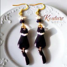 Load image into Gallery viewer, Black Cat Silhouette Dangle Earrings – Crystal Bead Collar &amp; Stone Accents | Kouture by KK
