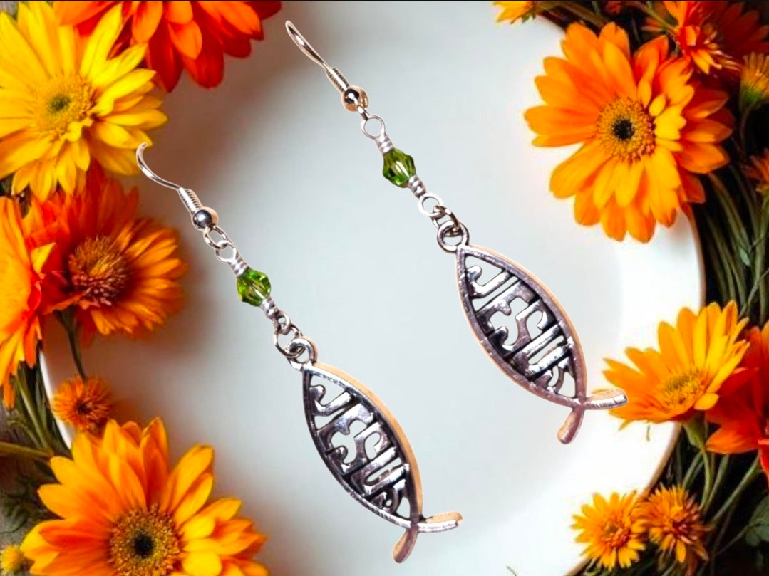Jesus Fish Earrings | Silver Christian Ichthys Dangle Earrings with Green Crystal Beads | Sterling Silver Hooks