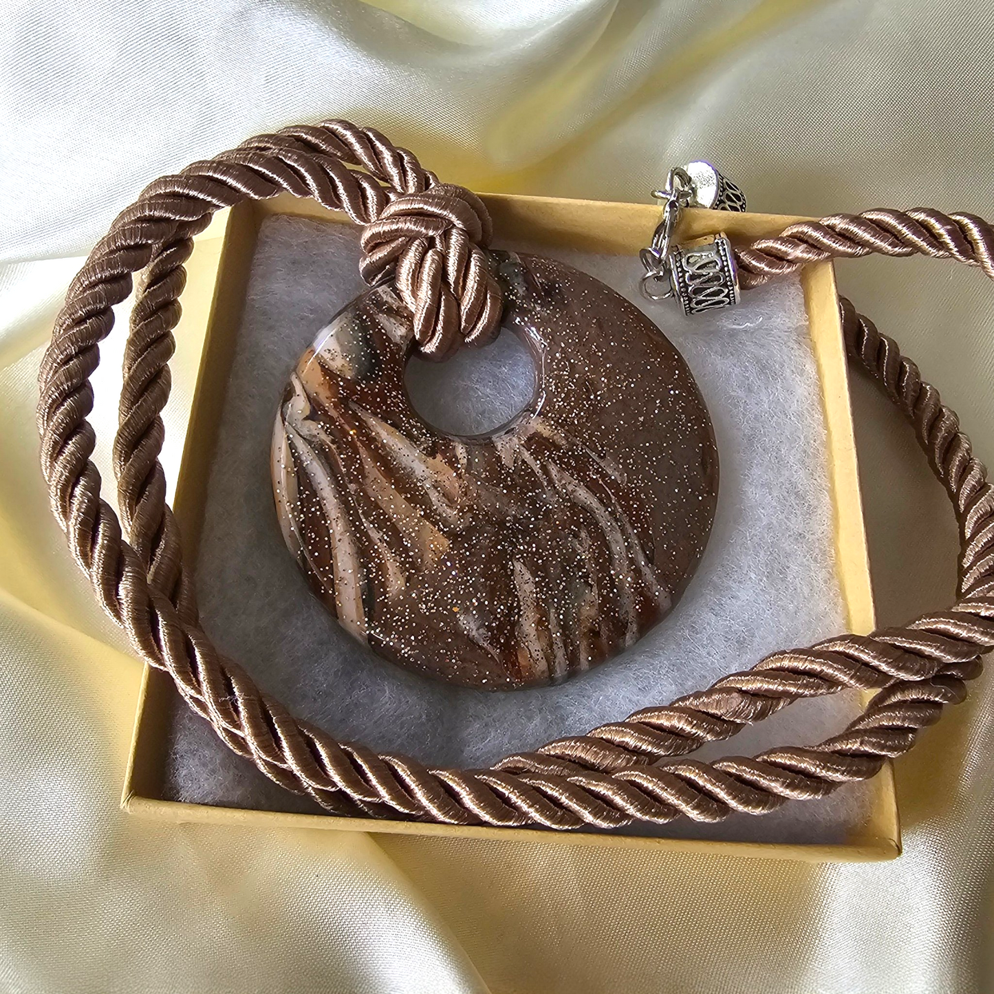 Wild Stripe Signature Necklace – Hand-Sculpted Polymer Clay Donut Pendant with Gold Dust & Bronze Silk Rope | One of a Kind