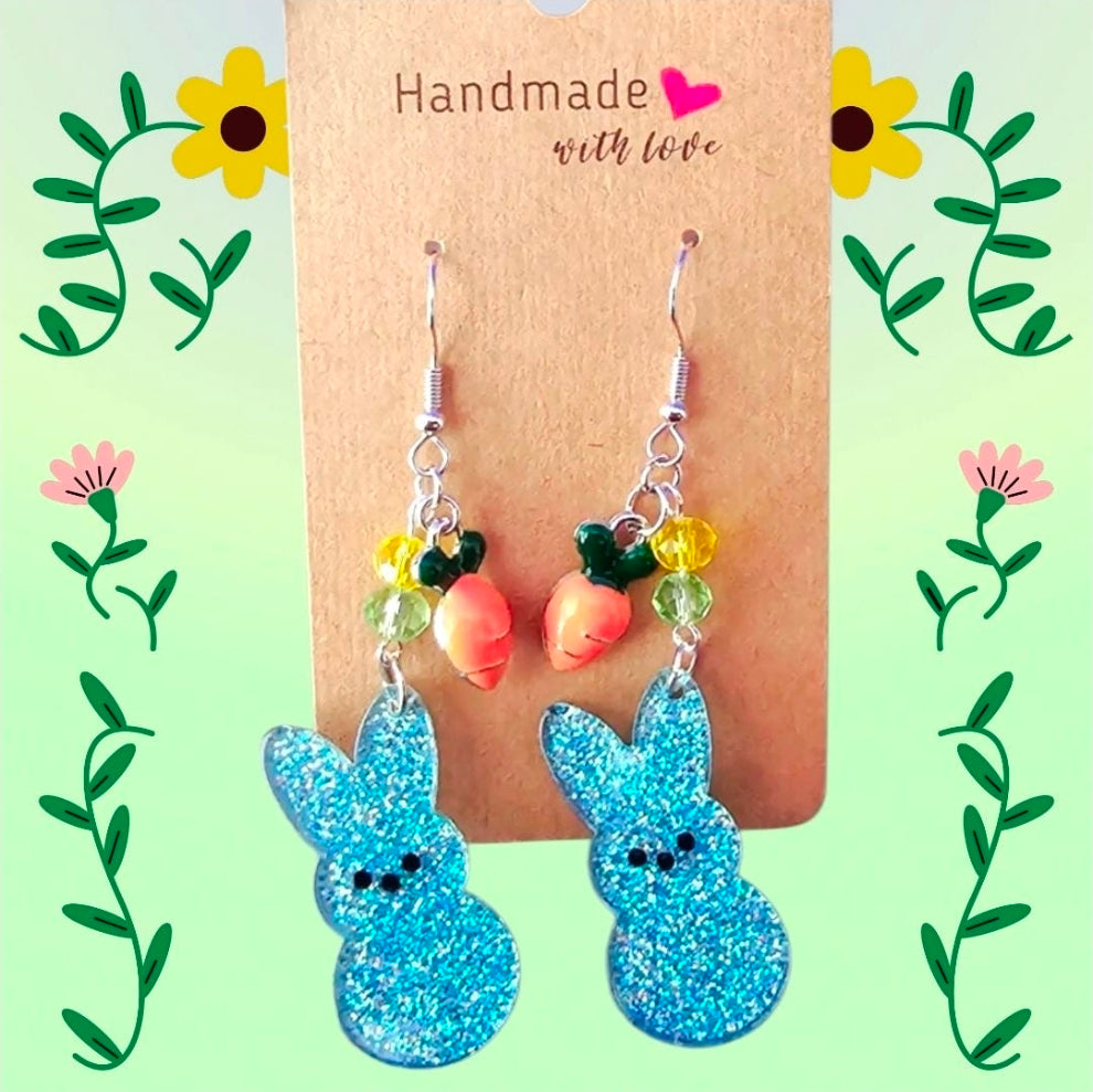 Easter Peep Bunny Earrings - Glitter Acrylic with Carrot Charm & Crystal Beads, Sterling Silver Hooks