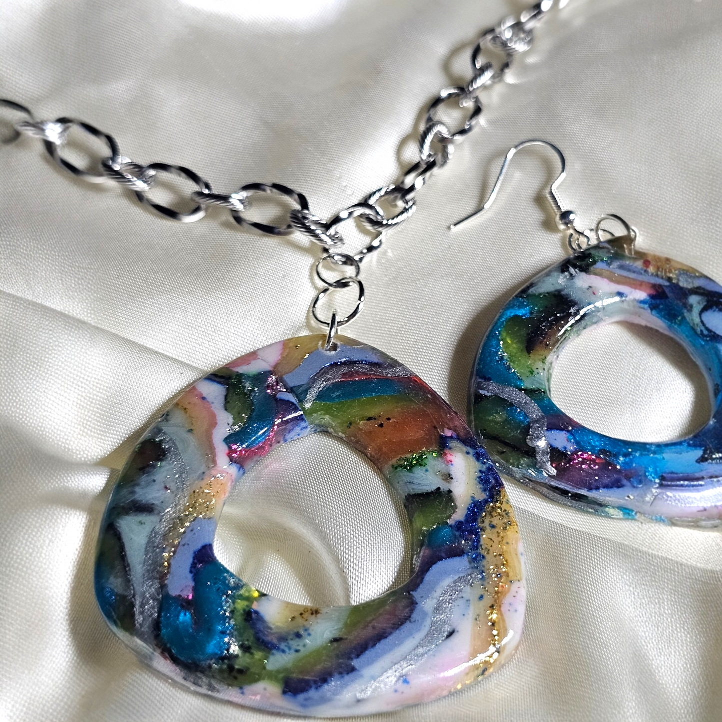 Rainbow Kaleidoscope Rounded Triangle Signature Set – Hand-Sculpted Polymer Clay Necklace & Earrings with Custom Chain | One of a Kind Artisan Jewelry