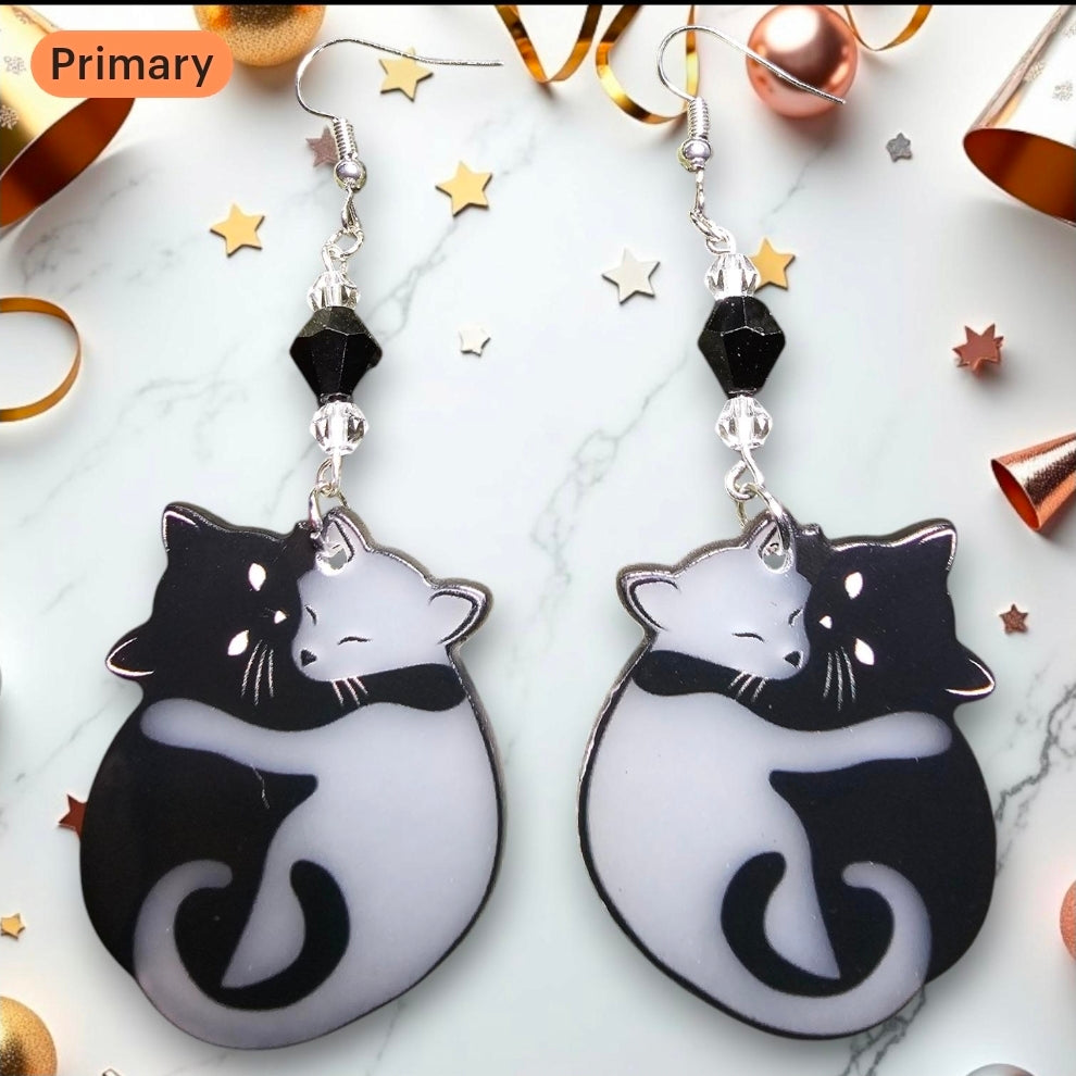 Black & White Hugging Cat Earrings – Yin Yang Kitty Jewelry for Cat Lovers - Glow in the Dark