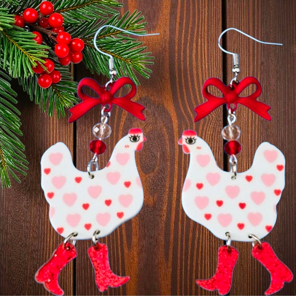 Heart Chicken in Boots — Acrylic Dangle Earrings with Red Bow & Crystal Beads