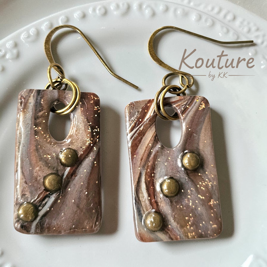 Marbled Clay & Bronze Metal Dangle Earrings