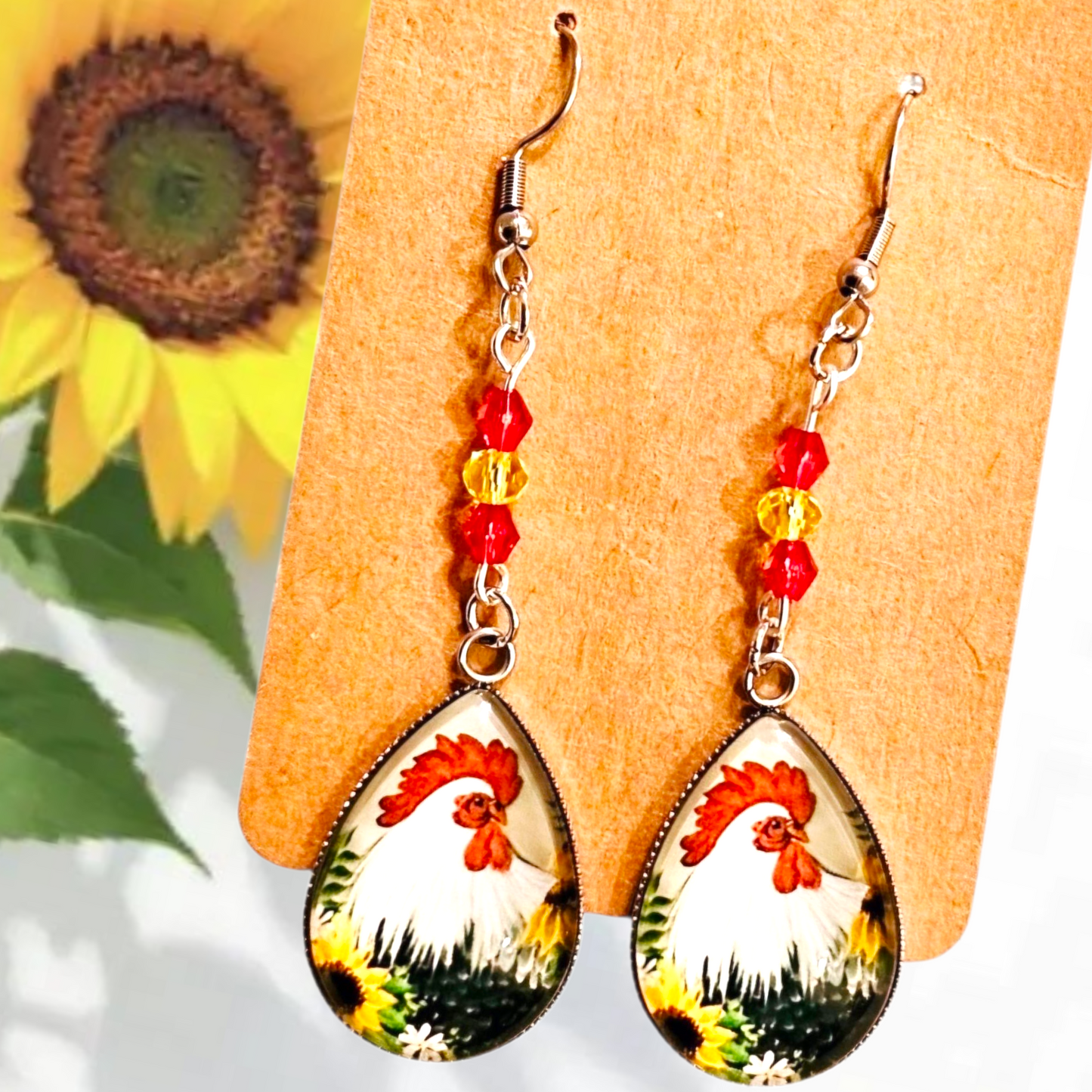 Handmade Rooster Earrings – Teardrop Farmhouse Earrings with Glass Dome