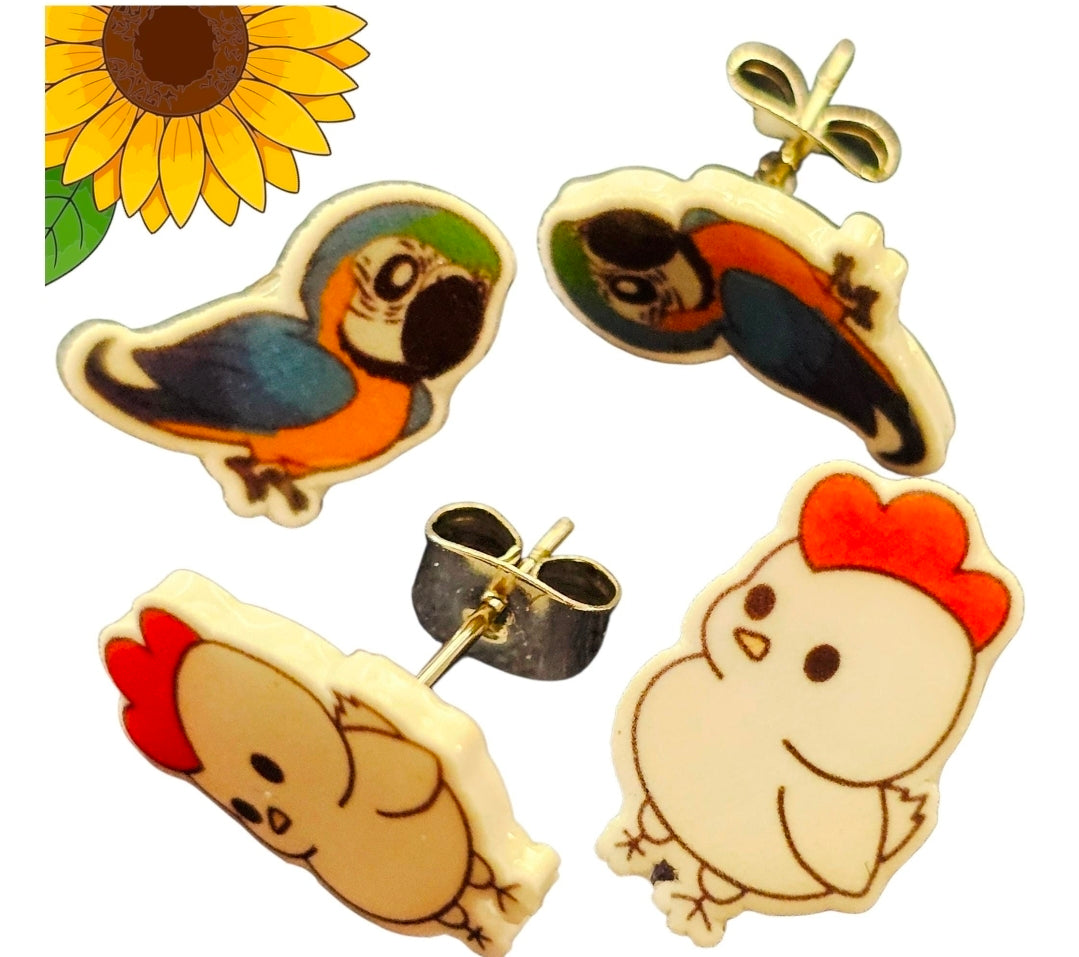 Bird Lover Post Earrings – Blue and Gold Macaw or Baby Chick Studs