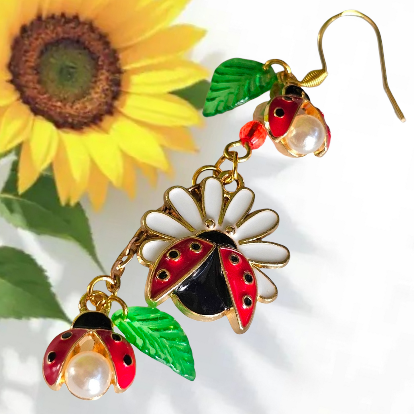 Ladybug Pearl Double Leaf & Daisy Dangle Earrings – Gold Nature Jewelry with Crystal Beads for Garden Lovers