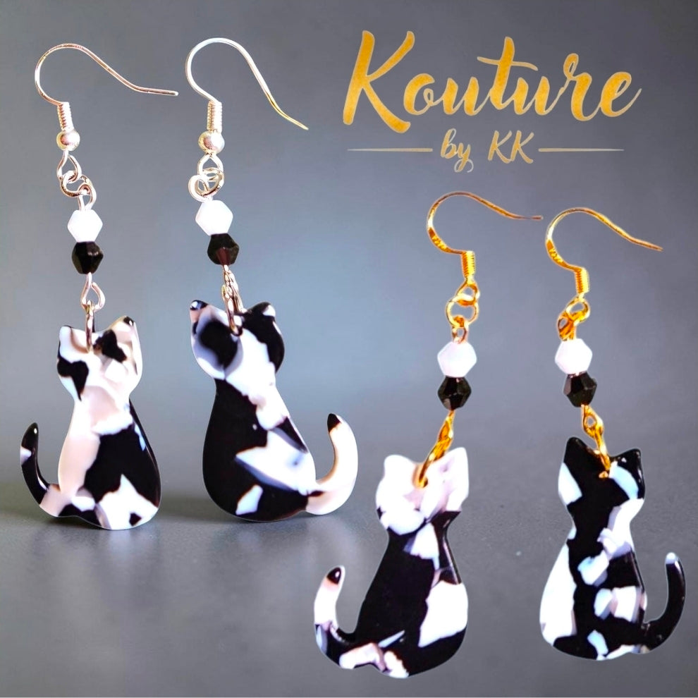 Tuxedo Cat Earrings | Acrylic Black & White Kitty Dangle Earrings with Crystal Beads | 18K Gold or Sterling Silver Hooks