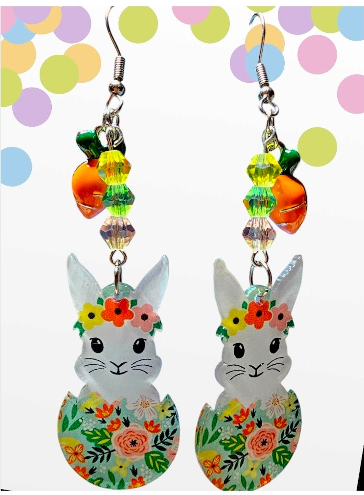 Easter Bunny Earrings - Floral Bunny with Carrot & Crystal Beads, Easter Jewelry