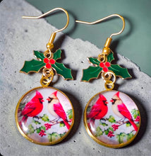 Load image into Gallery viewer, Christmas Cardinal Holly Dangle Earrings – Glass Dome &amp; Enamel Holly Charm | Kouture by KK
