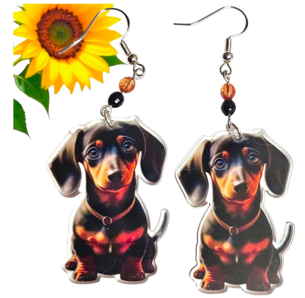 Black and Tan Dachshund Dog Earrings – Acrylic Pet Jewelry with Crystal Beads