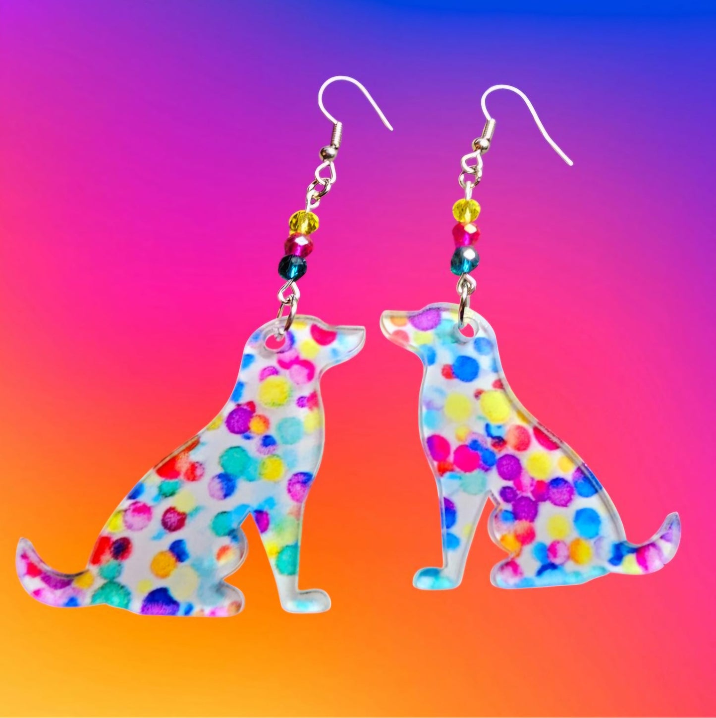 Colorful Rainbow Dog Earrings – Acrylic Puppy Jewelry with Crystal Beads – Sterling Silver Hooks