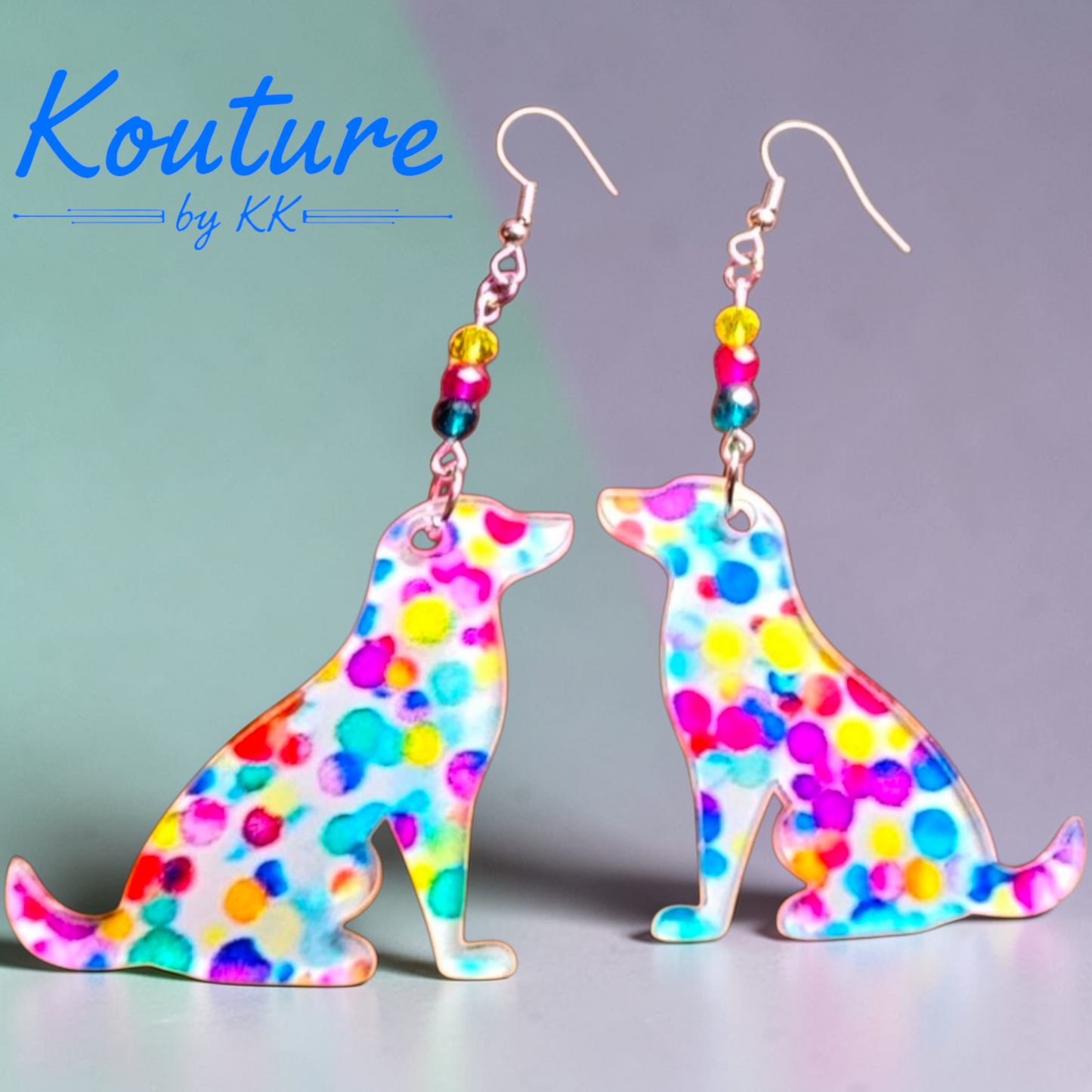 Colorful Rainbow Dog Earrings – Acrylic Puppy Jewelry with Crystal Beads – Sterling Silver Hooks