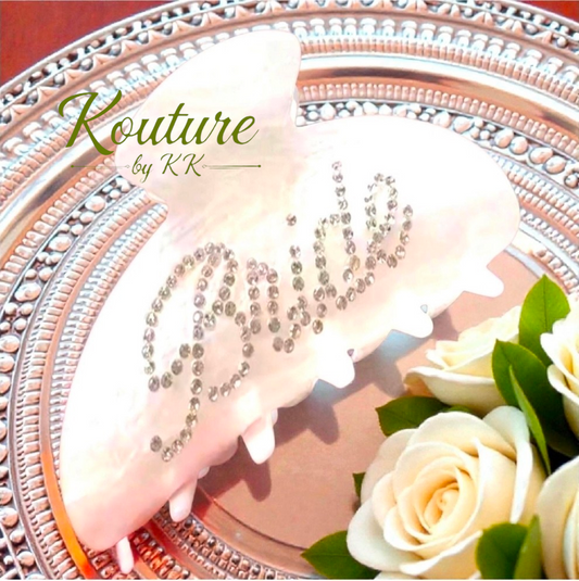 Bride Hair Claw Clip | Pearl White Acrylic with Rhinestone Script