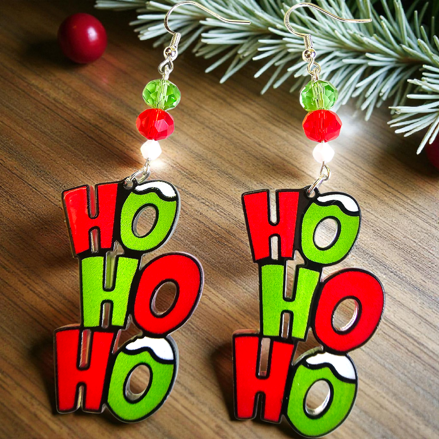 HO HO HO Christmas Earrings – Red and Green Festive Holiday Jewelry