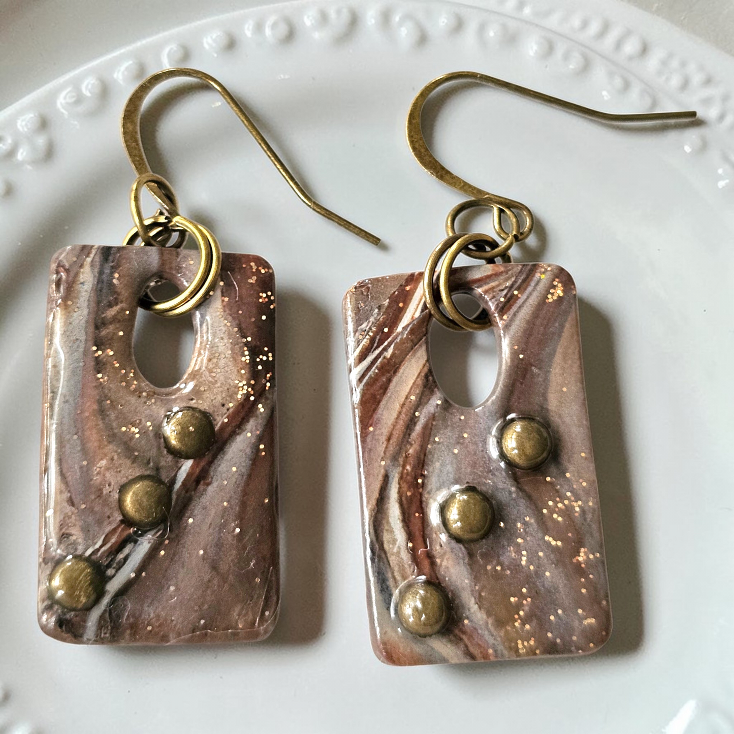Marbled Clay & Bronze Metal Dangle Earrings
