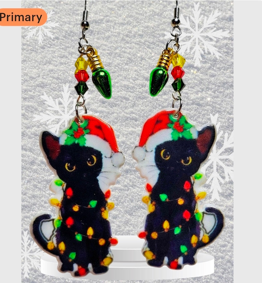Cat Christmas Earrings – Double Sided Santa Hat Kitty with Lights