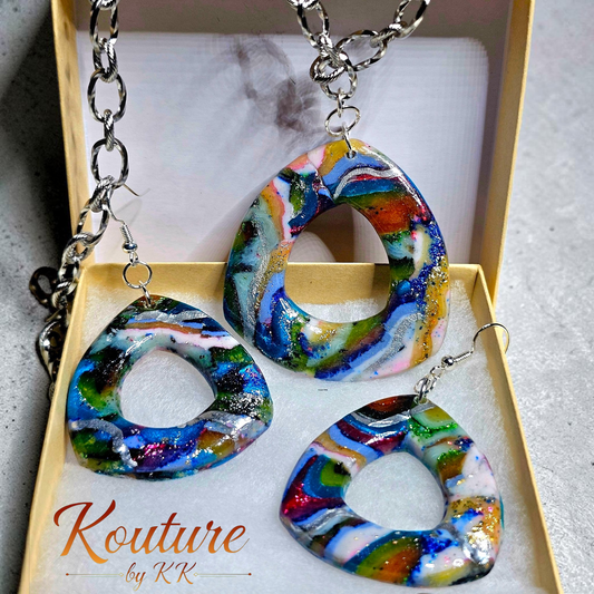 Rainbow Kaleidoscope Rounded Triangle Signature Set – Hand-Sculpted Polymer Clay Necklace & Earrings with Custom Chain | One of a Kind Artisan Jewelry