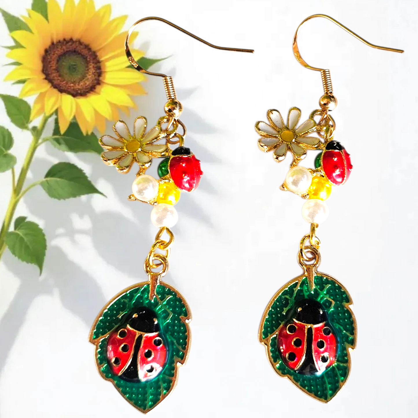 Ladybug & Daisy Dangle Earrings – Gold Nature Jewelry with Crystal Beads for Garden Lovers