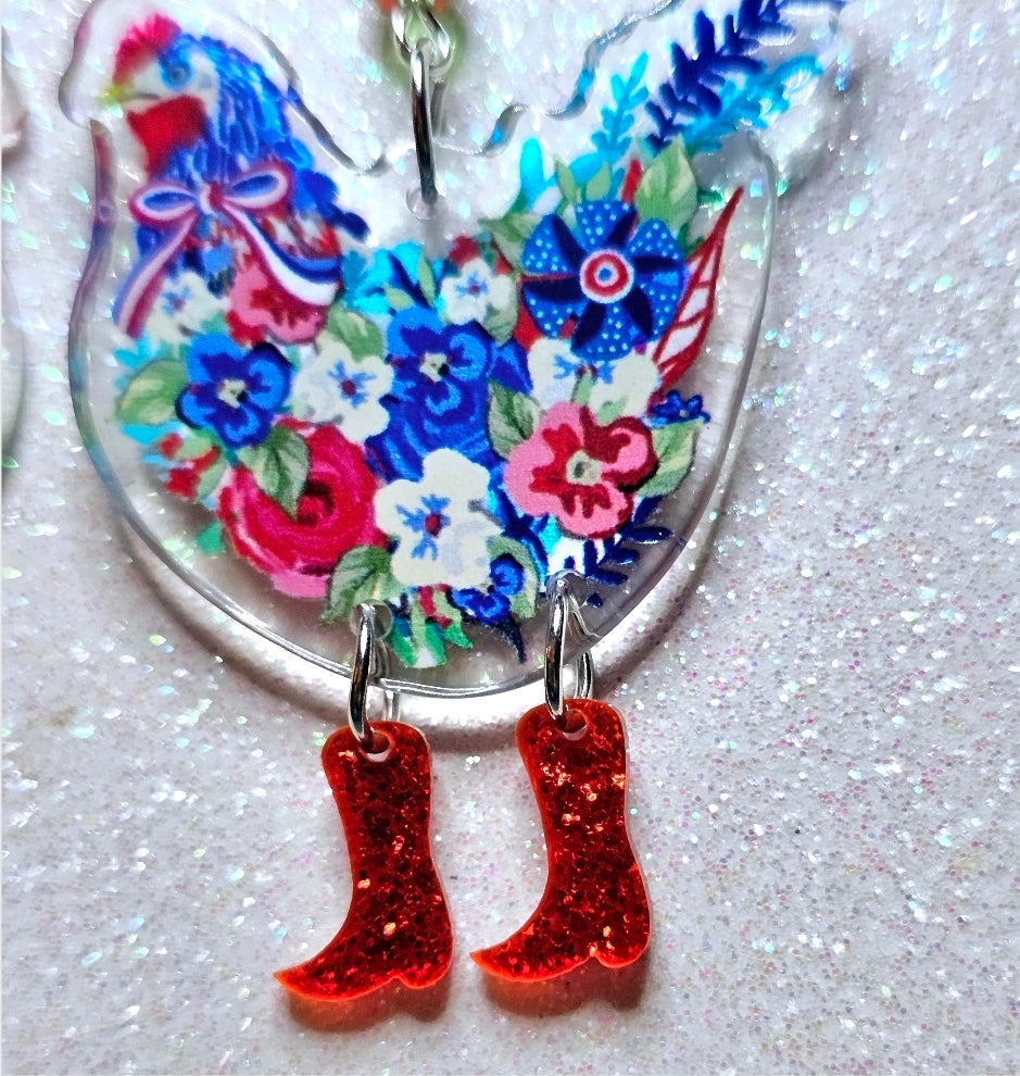 Floral Chicken in Boots — Double-Sided Acrylic Dangle Earrings with Crystal Beads