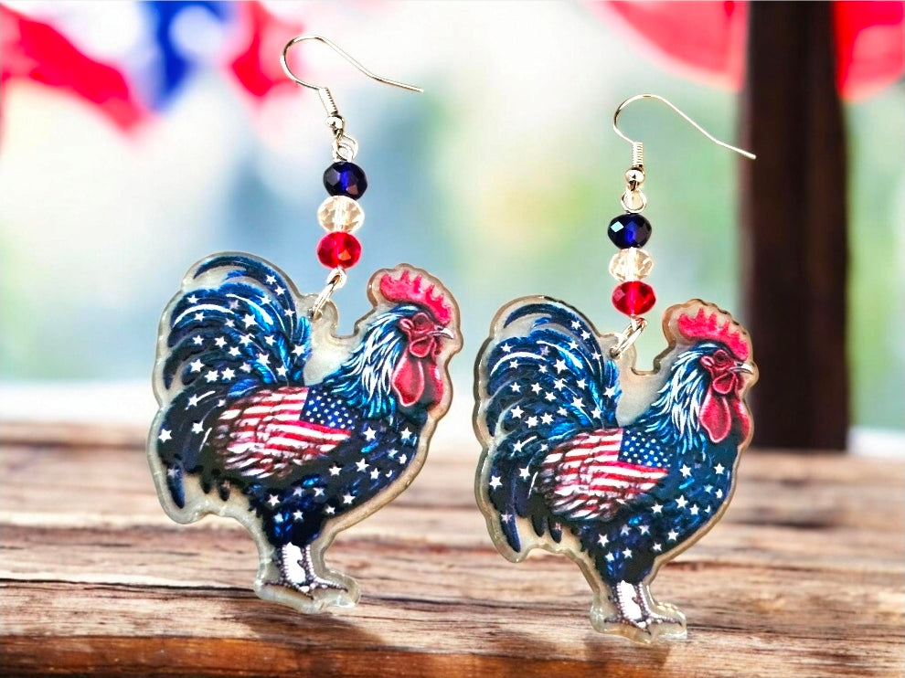Patriotic Rooster Earrings – Stars & Stripes Acrylic Dangle Earrings