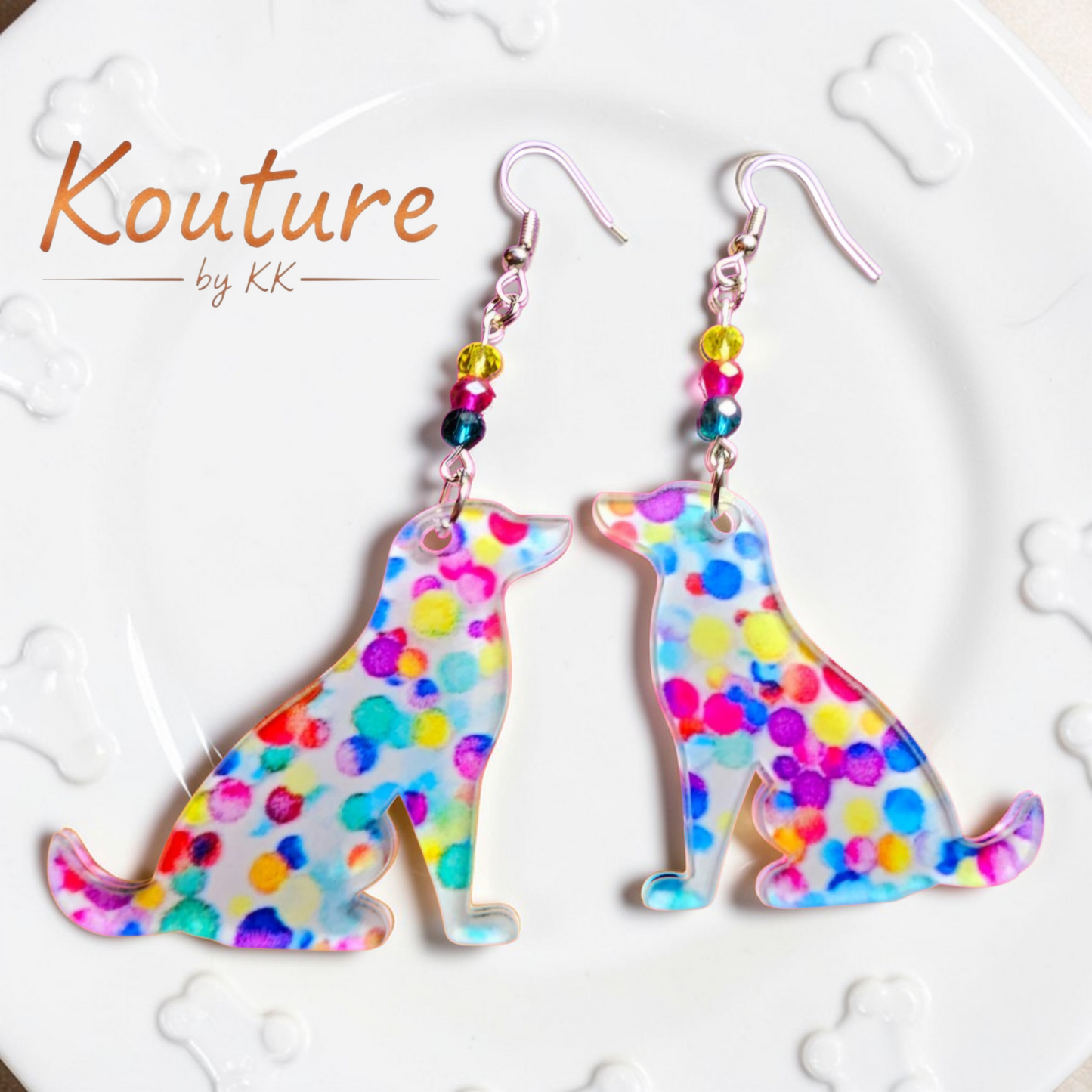 Colorful Rainbow Dog Earrings – Acrylic Puppy Jewelry with Crystal Beads – Sterling Silver Hooks