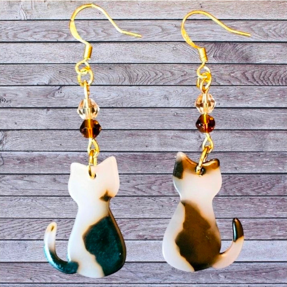 Calico Cat Earrings | Acrylic Kitty Dangle Earrings with Crystal Beads | 18K Gold or Sterling Silver Hooks