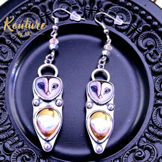 Vintage Owl Drop Earrings – Silver Tone with Champagne Glass Accent