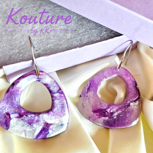 Purple Galaxy Triangular Hoop Earrings – Hand-Sculpted Polymer Clay with Silver Foil | One of a Kind Statement Jewelry