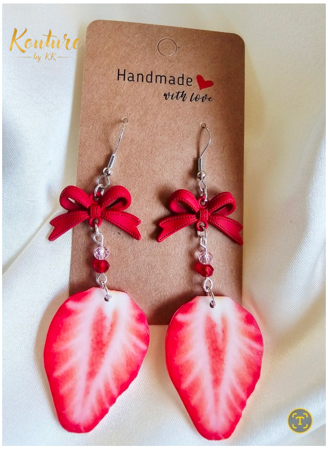 Strawberry Earrings - Handmade Acrylic with Red Bow | Garden Fruit Jewelry
