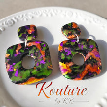 Load image into Gallery viewer, Halloween Polymer Clay Earrings | Purple Gold Foil Sculpted Dangle Studs | Handmade Artisan Earrings | Kouture by KK Signature Collection
