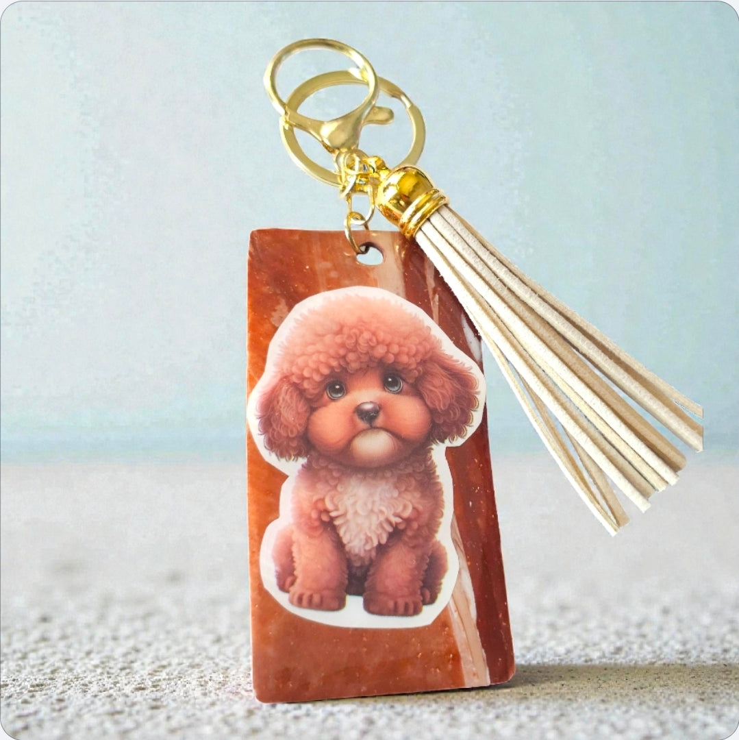 Doodle Dog Polymer Clay Keychain with Tassel & Heart Charm