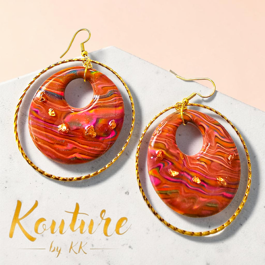 Sunset Swirl Double Hoop Earrings – Gold Leaf & Tumbled Glass | Handmade Polymer Clay